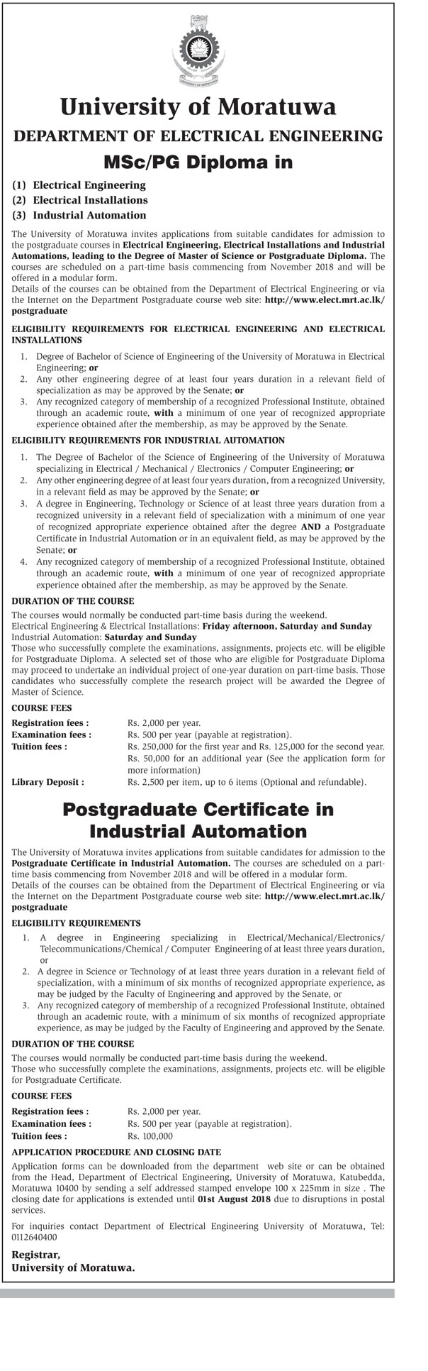 MSc/PG Diploma in Electrical Engineering, MSc/PG Diploma in Electrical Installations, MSc/PG Diploma in Industrial Automation, Postgraduate Certificate in Industrial Automation - Department of Electrical Engineering - University of Moratuwa